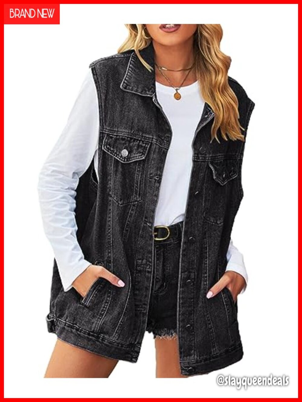 Oversized Distressed Denim Vest Sleeveless Button Front Layering
